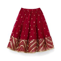 Babyhug Georgette Woven Half Sleeves Foil Printed Choli Lehenga Set with Dupatta & Lace Detailing - Red