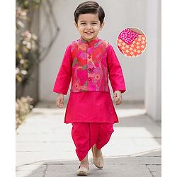 Babyhug Rayon Woven Full Sleeves Kurta Dhoti Set with Jacket & Abstract Print - Fuchsia