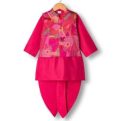 Babyhug Rayon Woven Full Sleeves Kurta Dhoti Set with Jacket & Abstract Print - Fuchsia