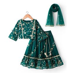 Babyhug Woven Half Sleeves Choli Lehenga & Dupatta Set With Floral Sequin Embriodery - Teal Blue