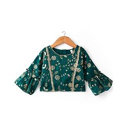 Babyhug Woven Half Sleeves Choli Lehenga & Dupatta Set With Floral Sequin Embriodery - Teal Blue