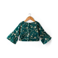 Babyhug Woven Half Sleeves Choli Lehenga & Dupatta Set With Floral Sequin Embriodery - Teal Blue