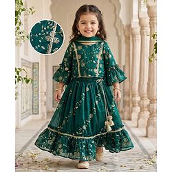 Babyhug Woven Half Sleeves Choli Lehenga & Dupatta Set With Floral Sequin Embriodery - Teal Blue