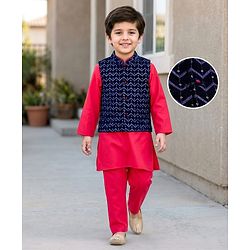 Babyhug Rayon Woven Full Sleeves Kurta Pajama Set With Velvet Embroidered Jacket - Red