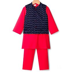 Babyhug Rayon Woven Full Sleeves Kurta Pajama Set With Velvet Embroidered Jacket - Red