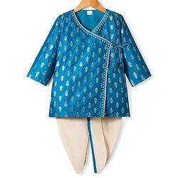 Babyhug Brocade Woven Full Sleeves Kurta Dhoti Set with Floral Foil Print - Royal Blue & White