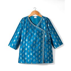 Babyhug Brocade Woven Full Sleeves Kurta Dhoti Set with Floral Foil Print - Royal Blue & White