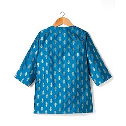 Babyhug Brocade Woven Full Sleeves Kurta Dhoti Set with Floral Foil Print - Royal Blue & White