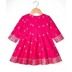 Babyhug Woven Full Sleeves Kurti Palazzo & Dupatta Set with Floral Foil Print & Embroidery - Fuchsia