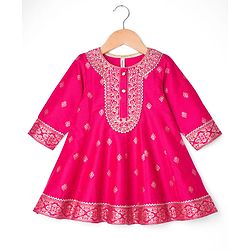 Babyhug Woven Full Sleeves Kurti Palazzo & Dupatta Set with Floral Foil Print & Embroidery - Fuchsia