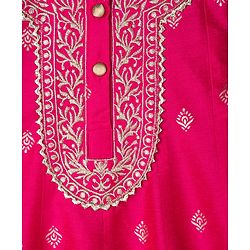 Babyhug Woven Full Sleeves Kurti Palazzo & Dupatta Set with Floral Foil Print & Embroidery - Fuchsia