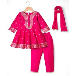 Babyhug Woven Full Sleeves Kurti Palazzo & Dupatta Set with Floral Foil Print & Embroidery - Fuchsia
