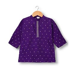 Babyhug Cotton Blend Woven Full Sleeves Kurta Dhoti Set With Foil Print - Purple & White