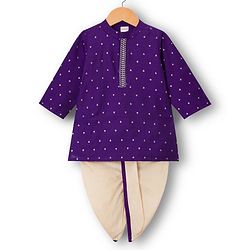 Babyhug Cotton Blend Woven Full Sleeves Kurta Dhoti Set With Foil Print - Purple & White
