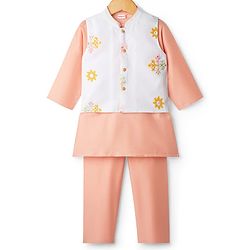 Babyhug Rayon Woven Full Sleeves Kurta Pajama & Jacket Set With Floral Embroidery - Peach