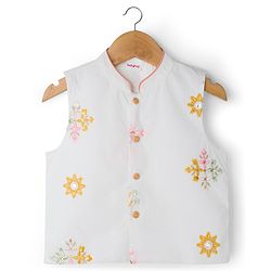 Babyhug Rayon Woven Full Sleeves Kurta Pajama & Jacket Set With Floral Embroidery - Peach