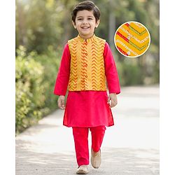 Babyhug Rayon Woven Full Sleeves Kurta Pajama Set with  Embroidered Nehru Jacket - Red & Yellow
