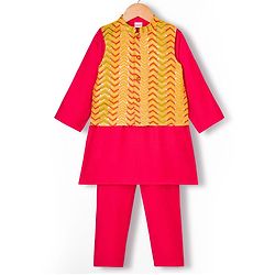 Babyhug Rayon Woven Full Sleeves Kurta Pajama Set with  Embroidered Nehru Jacket - Red & Yellow