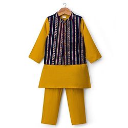 Babyhug Rayon Woven Full Sleeves Solid Kurta Payjama Set with Embroidered Jacket - Navy