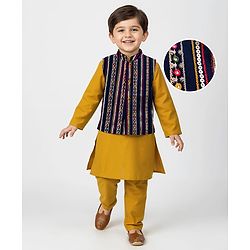 Babyhug Rayon Woven Full Sleeves Solid Kurta Payjama Set with Embroidered Jacket - Navy
