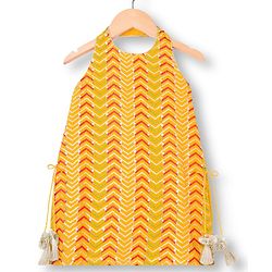 Babyhug Georgette Woven Sleeveless Halter Neck Kurti Palazzo  & Dupatta Set With Sequin Embriodery - Yellow & Red