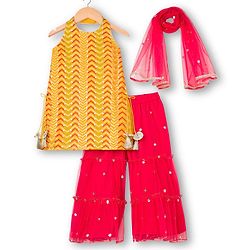 Babyhug Georgette Woven Sleeveless Halter Neck Kurti Palazzo  & Dupatta Set With Sequin Embriodery - Yellow & Red