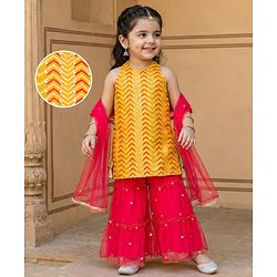 Babyhug Georgette Woven Sleeveless Halter Neck Kurti Palazzo  & Dupatta Set With Sequin Embriodery - Yellow & Red