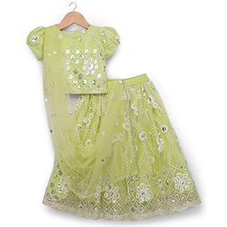 Babyhug Georgette Woven Puffed Sleeves Sequinned Floral Designed Choli Lahenga Set with Dupatta- Light Green