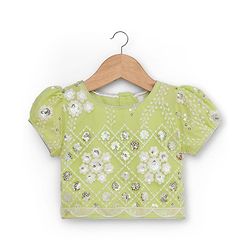 Babyhug Georgette Woven Puffed Sleeves Sequinned Floral Designed Choli Lahenga Set with Dupatta- Light Green