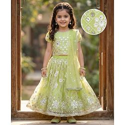 Babyhug Georgette Woven Puffed Sleeves Sequinned Floral Designed Choli Lahenga Set with Dupatta- Light Green