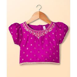 Babyhug Brocade Woven Half Sleeves Choli Lehenga & Dupatta Set With Floral Print & Embriodery - Fuschia