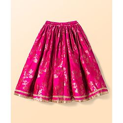 Babyhug Brocade Woven Half Sleeves Choli Lehenga & Dupatta Set With Floral Print & Embriodery - Fuschia