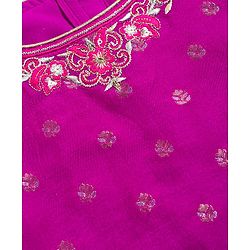 Babyhug Brocade Woven Half Sleeves Choli Lehenga & Dupatta Set With Floral Print & Embriodery - Fuschia