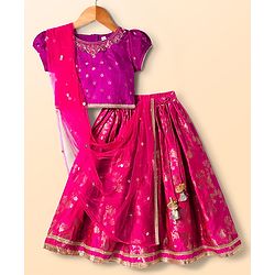 Babyhug Brocade Woven Half Sleeves Choli Lehenga & Dupatta Set With Floral Print & Embriodery - Fuschia