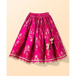 Babyhug Brocade Woven Half Sleeves Choli Lehenga & Dupatta Set With Floral Print & Embriodery - Fuschia