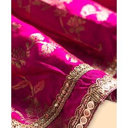 Babyhug Brocade Woven Half Sleeves Choli Lehenga & Dupatta Set With Floral Print & Embriodery - Fuschia