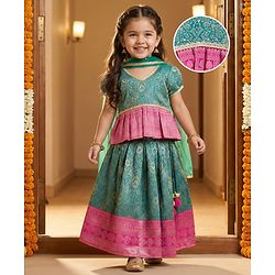 Babyhug Brocade Woven Half Sleeves Pattu Pavda Choli Lehenga & Dupatta Set With Floral Foil Print - Teal Blue
