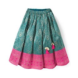 Babyhug Brocade Woven Half Sleeves Pattu Pavda Choli Lehenga & Dupatta Set With Floral Foil Print - Teal Blue