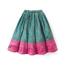 Babyhug Brocade Woven Half Sleeves Pattu Pavda Choli Lehenga & Dupatta Set With Floral Foil Print - Teal Blue