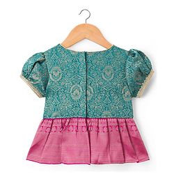 Babyhug Brocade Woven Half Sleeves Pattu Pavda Choli Lehenga & Dupatta Set With Floral Foil Print - Teal Blue