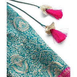 Babyhug Brocade Woven Half Sleeves Pattu Pavda Choli Lehenga & Dupatta Set With Floral Foil Print - Teal Blue