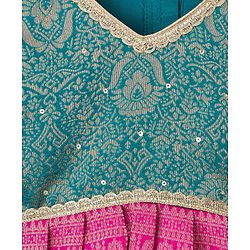 Babyhug Brocade Woven Half Sleeves Pattu Pavda Choli Lehenga & Dupatta Set With Floral Foil Print - Teal Blue