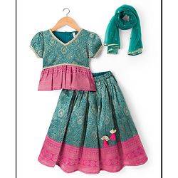 Babyhug Brocade Woven Half Sleeves Pattu Pavda Choli Lehenga & Dupatta Set With Floral Foil Print - Teal Blue
