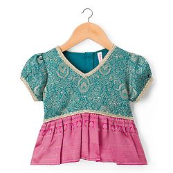 Babyhug Brocade Woven Half Sleeves Pattu Pavda Choli Lehenga & Dupatta Set With Floral Foil Print - Teal Blue