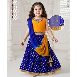 Babyhug Georgette Woven Sleeveless Brocade Choli & Bandhani Printed Lehenga with  Dupatta - Blue & Mustard