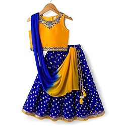 Babyhug Georgette Woven Sleeveless Brocade Choli & Bandhani Printed Lehenga with  Dupatta - Blue & Mustard