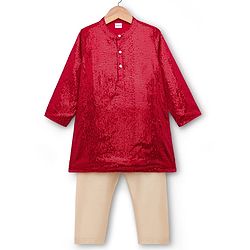 Babyhug Georgette Woven Full Sleeves Kurta Pajama Set with Sequin Detailing - Red