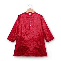 Babyhug Georgette Woven Full Sleeves Kurta Pajama Set with Sequin Detailing - Red