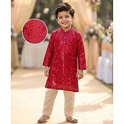 Babyhug Georgette Woven Full Sleeves Kurta Pajama Set with Sequin Detailing - Red