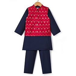 Babyhug Rayon Woven Full Sleeves Kurta Pajama & Foil Printed Jacket Set - Navy Blue